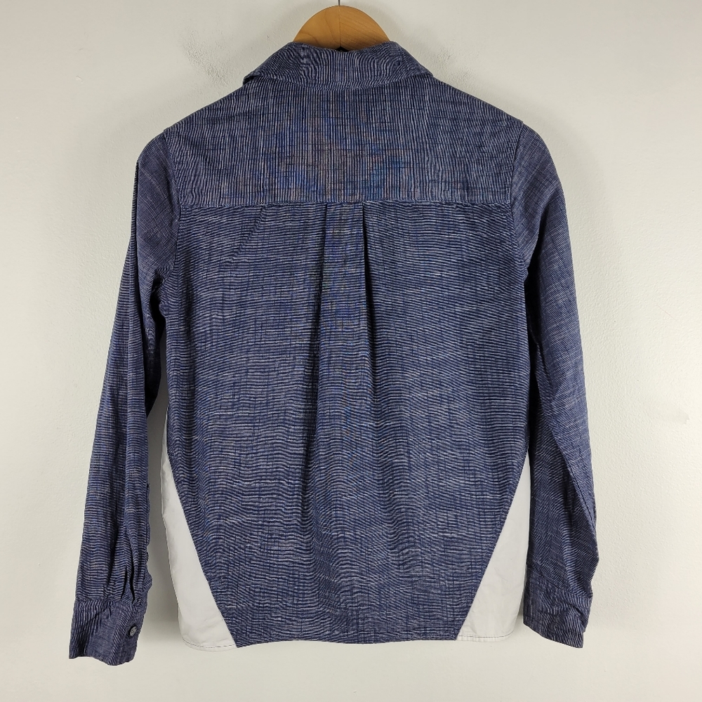 Marissa Webb Chambray White Colorblock Long Sleeve High Low Button Up Top - Picture 7 of 8